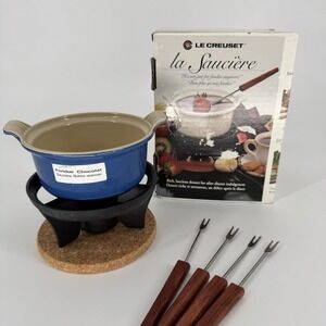 Vintage Le Creuset Blue Enameled Cast Iron Chocolate Fondue Set Appetizers